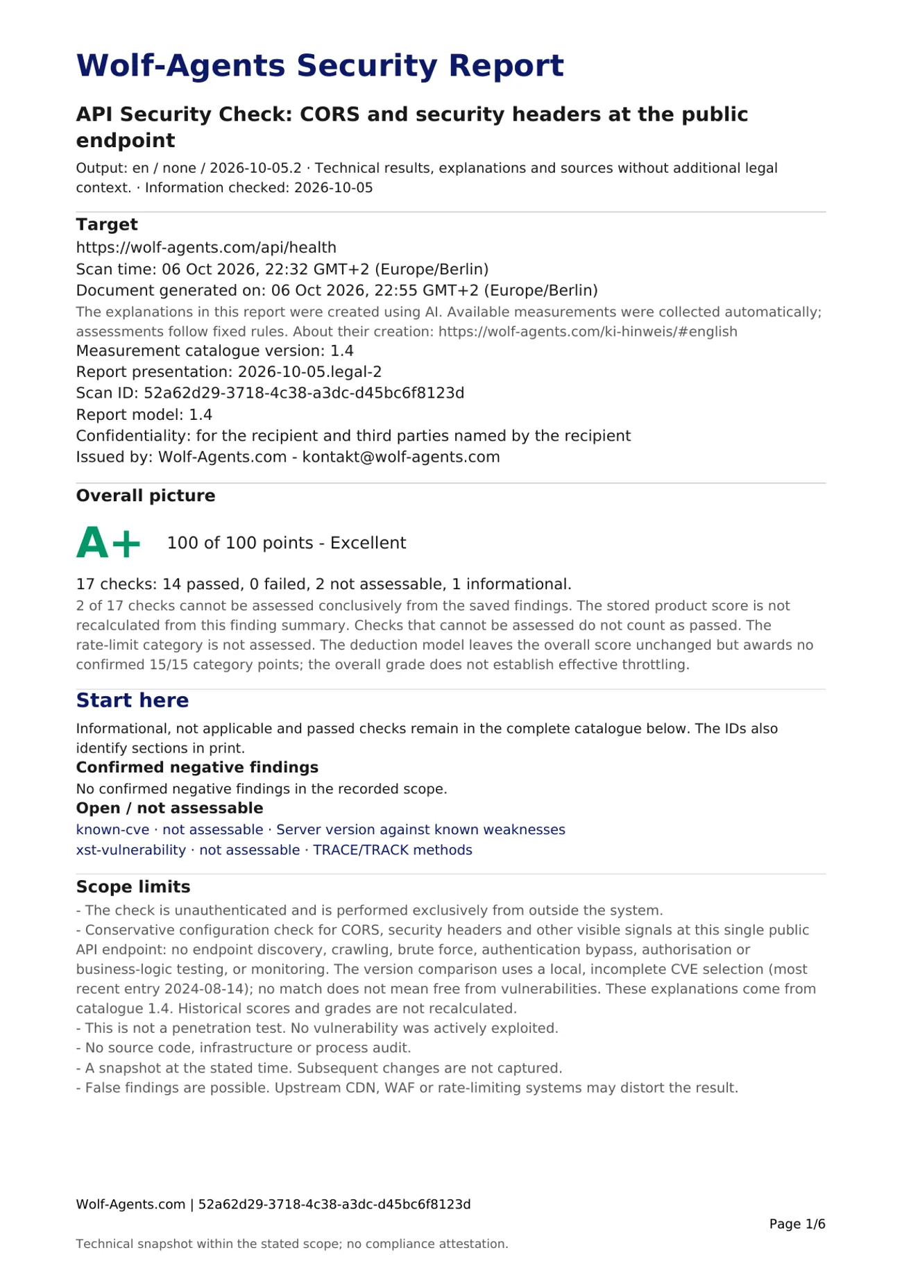 First page of the API endpoint report for https://wolf-agents.com/api/health: scope, grade A+ with 100 of 100 points and the limits of the findings.