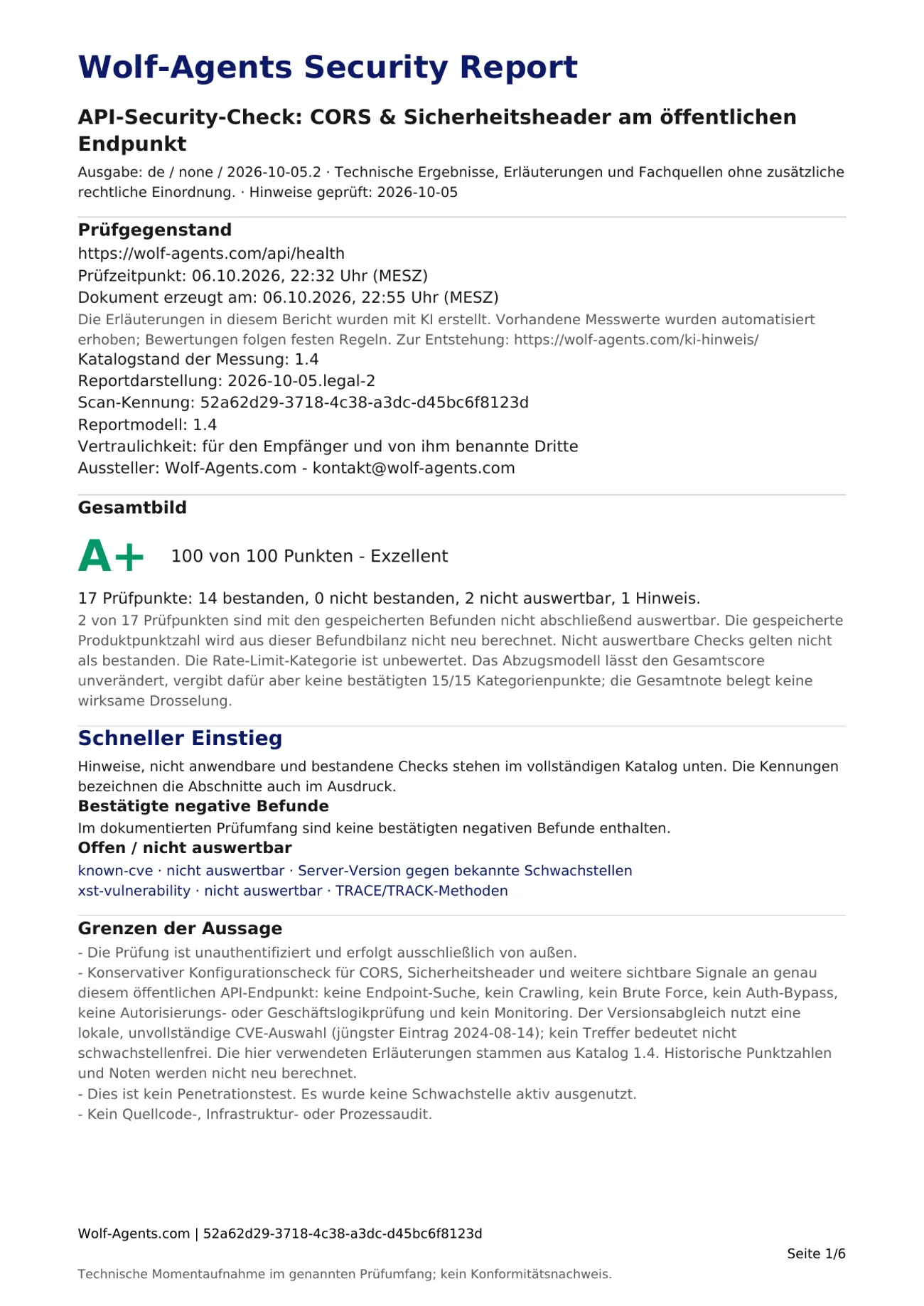 Erste Seite des API-Endpunkt-Reports zu https://wolf-agents.com/api/health: Prüfgegenstand, Note A+ mit 100 von 100 Punkten und Grenzen der Aussage.