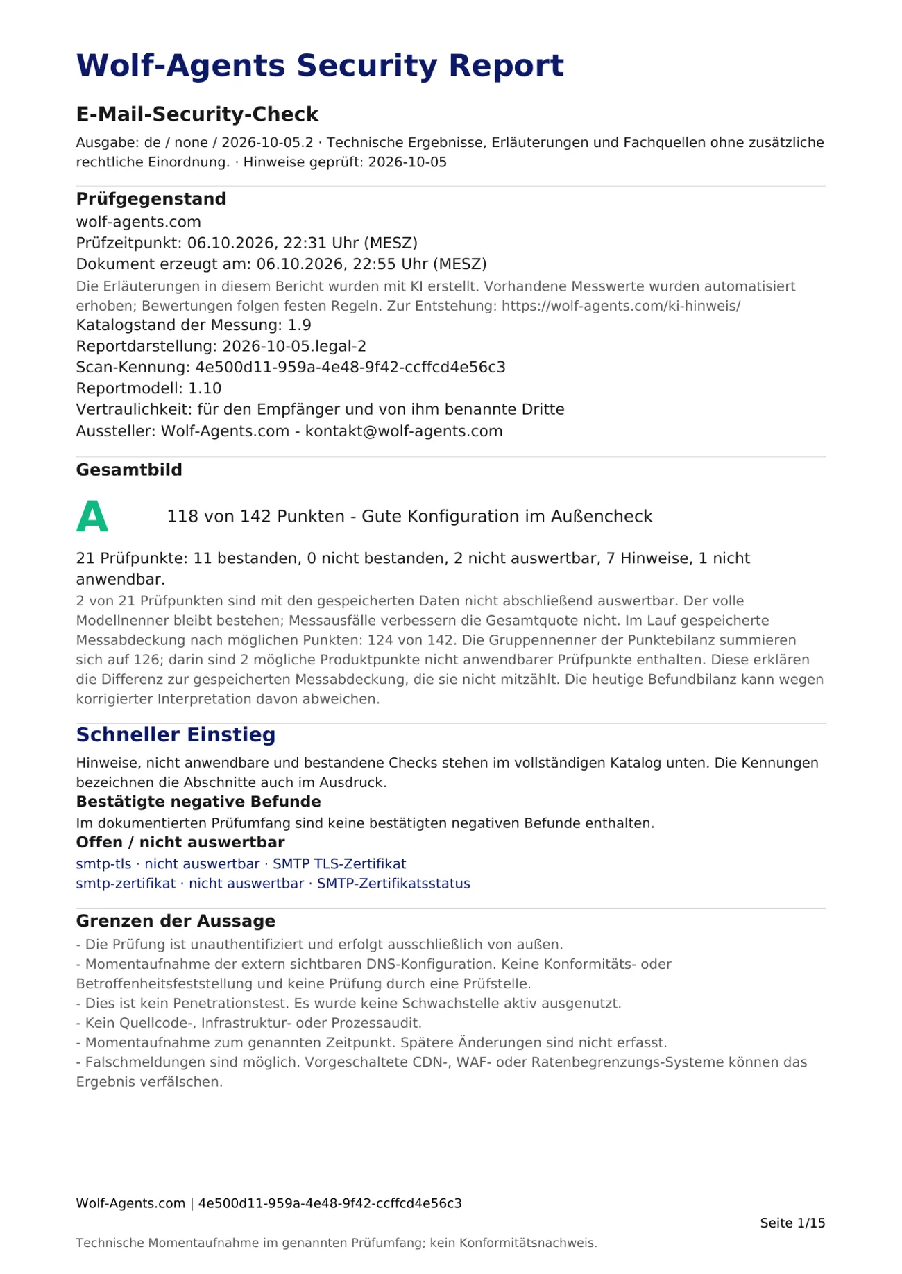 Erste Seite des E-Mail-Domain-Reports zu wolf-agents.com: Prüfgegenstand, Note A mit 118 von 142 Punkten und Grenzen der Aussage.