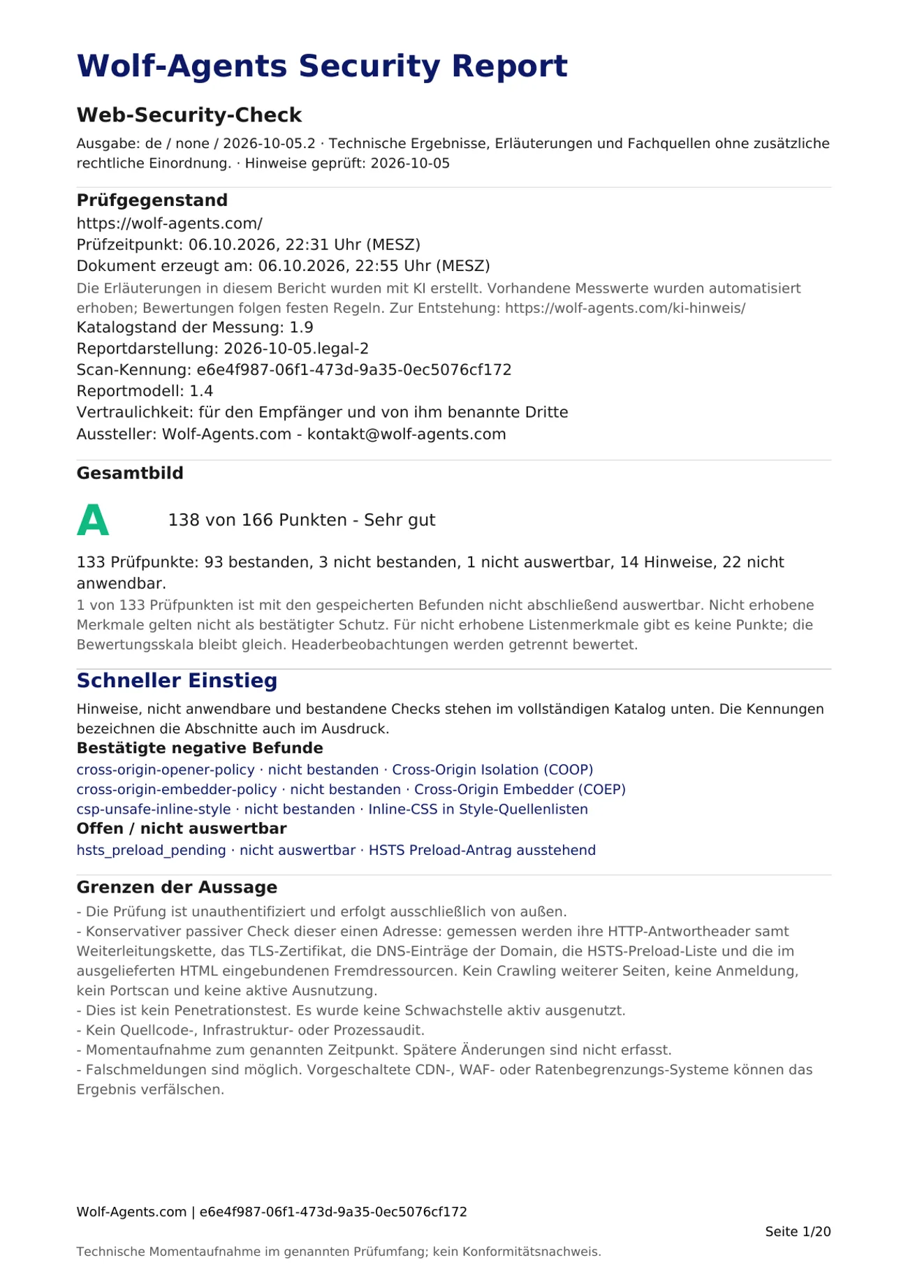 Erste Seite des Website-Reports zu https://wolf-agents.com/: Prüfgegenstand, Note A mit 138 von 166 Punkten und Grenzen der Aussage.